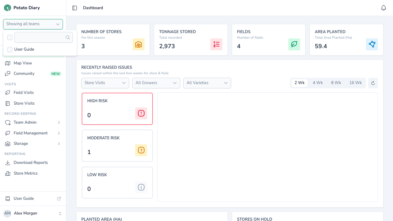 Team picker open in the sidebar, with a search box and a tickbox for each team the user belongs to