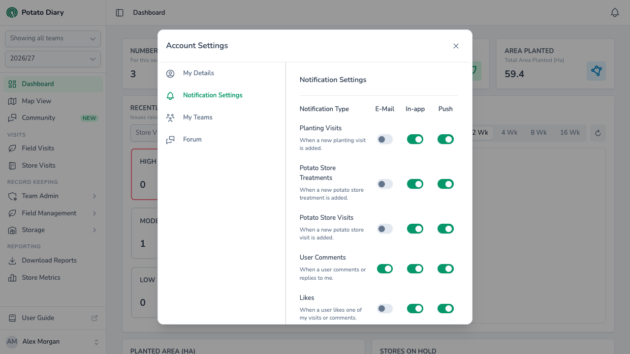 Notification Settings tab in Potato Diary with E-Mail, In-app and Push toggles for planting visits and potato store treatments