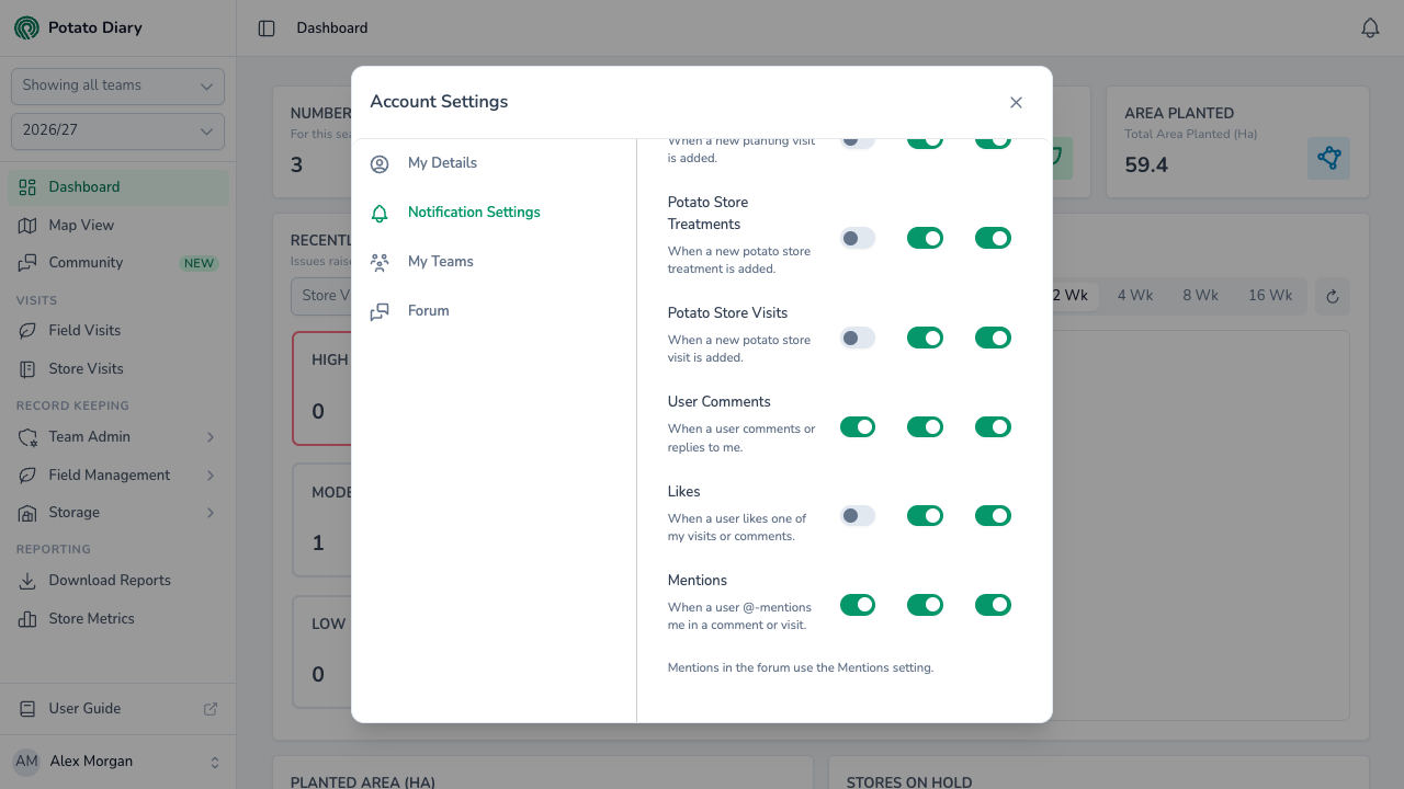 Notification Settings with In-app switched on for User Comments, alongside potato store visits, Likes and Mentions