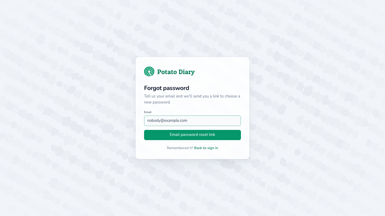 Forgot password form with an email address entered, ready to send the password reset link