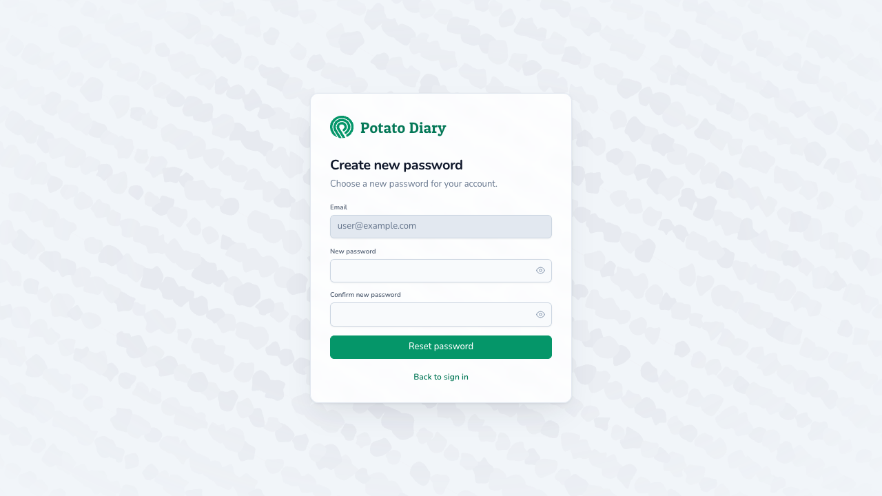 Create new password page with the account email filled in and New password and Confirm new password fields