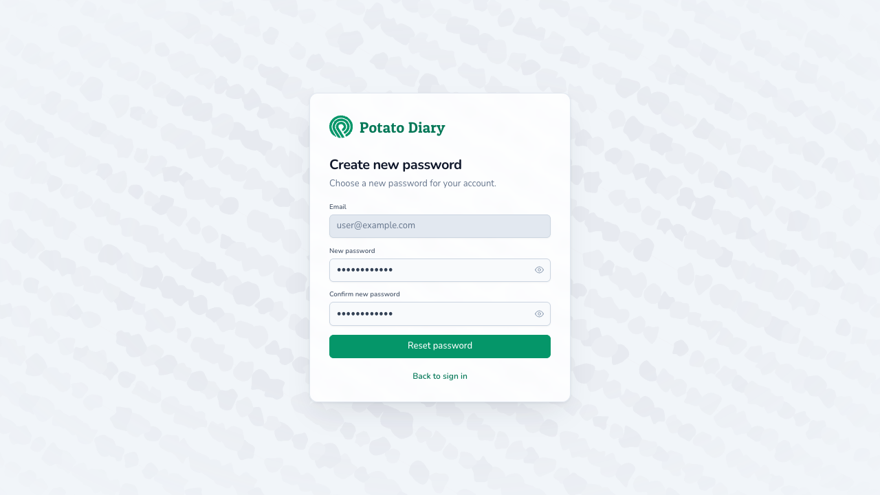 Create new password form with both password fields filled in, ready to click Reset password