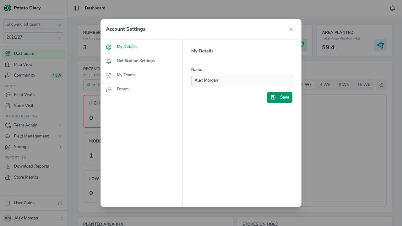 Account Settings dialog on the My Details tab, showing the Name field and Save button