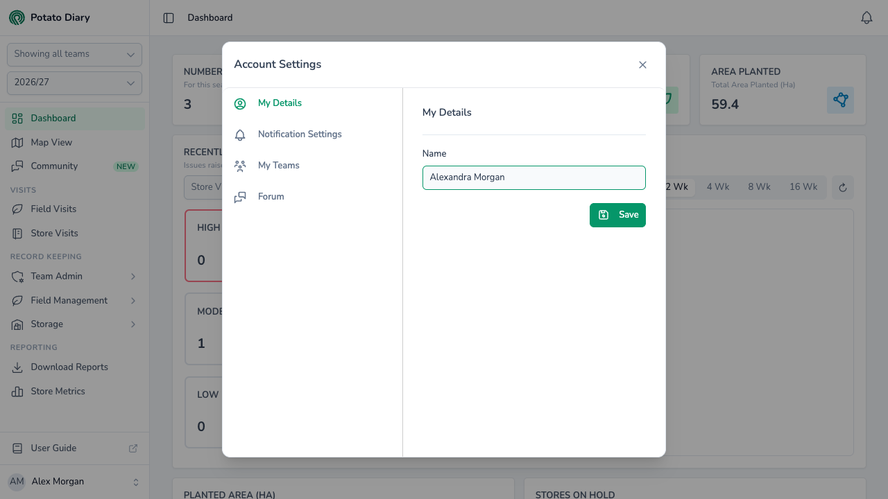 My Details tab with a new name, Alexandra Morgan, typed into the Name field before saving
