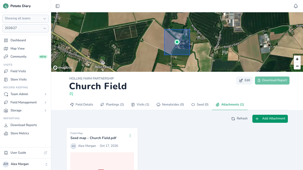 Attachments tab on a field in Potato Diary, with a satellite map of the field boundary and a seed map PDF tagged as a Field Map