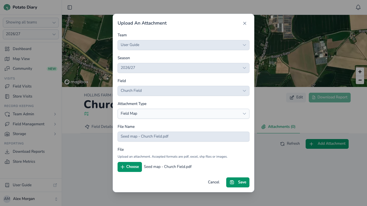 Upload An Attachment form for a field, with team, season, attachment type set to Field Map and a seed map PDF chosen