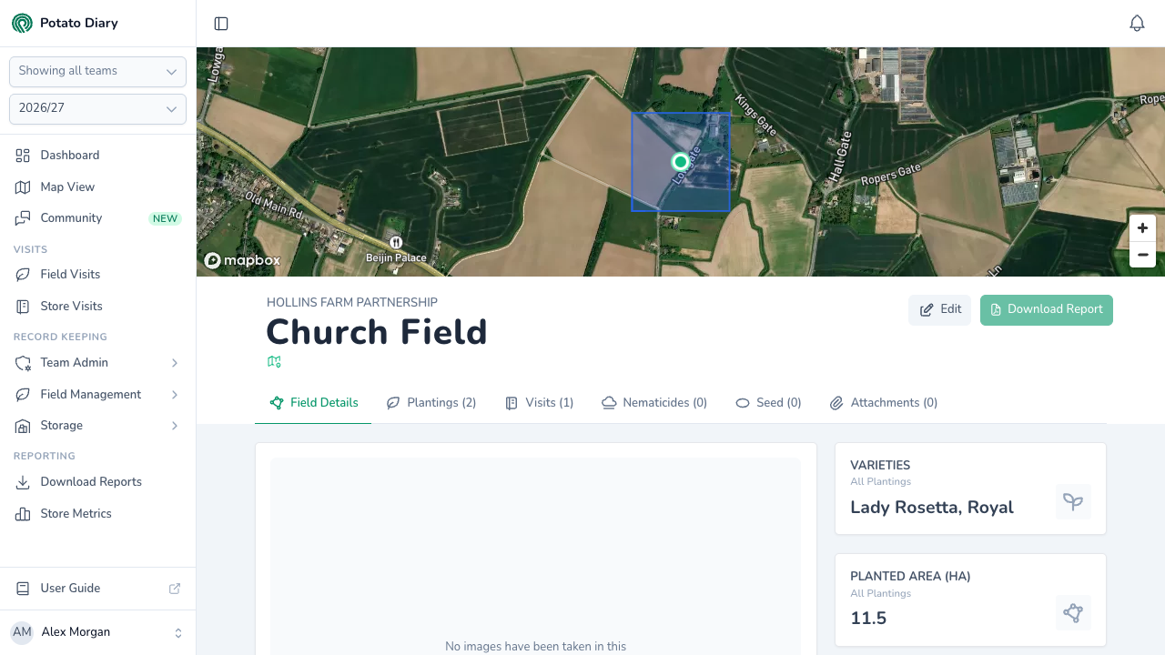 Field page in Potato Diary for Church Field, with a satellite map of the field boundary, the grower name and the field's tab bar