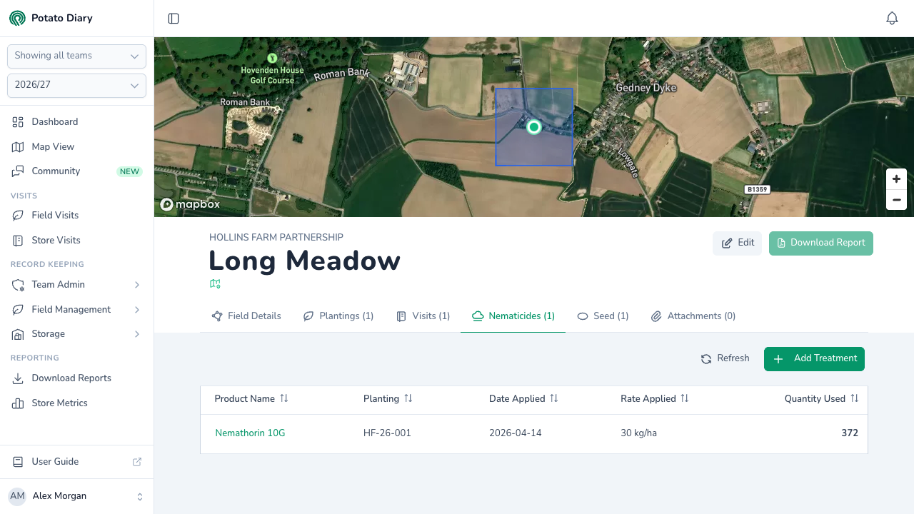 Nematicides tab on a field in Potato Diary listing a Nemathorin 10G application with its planting, date applied and 30 kg/ha rate