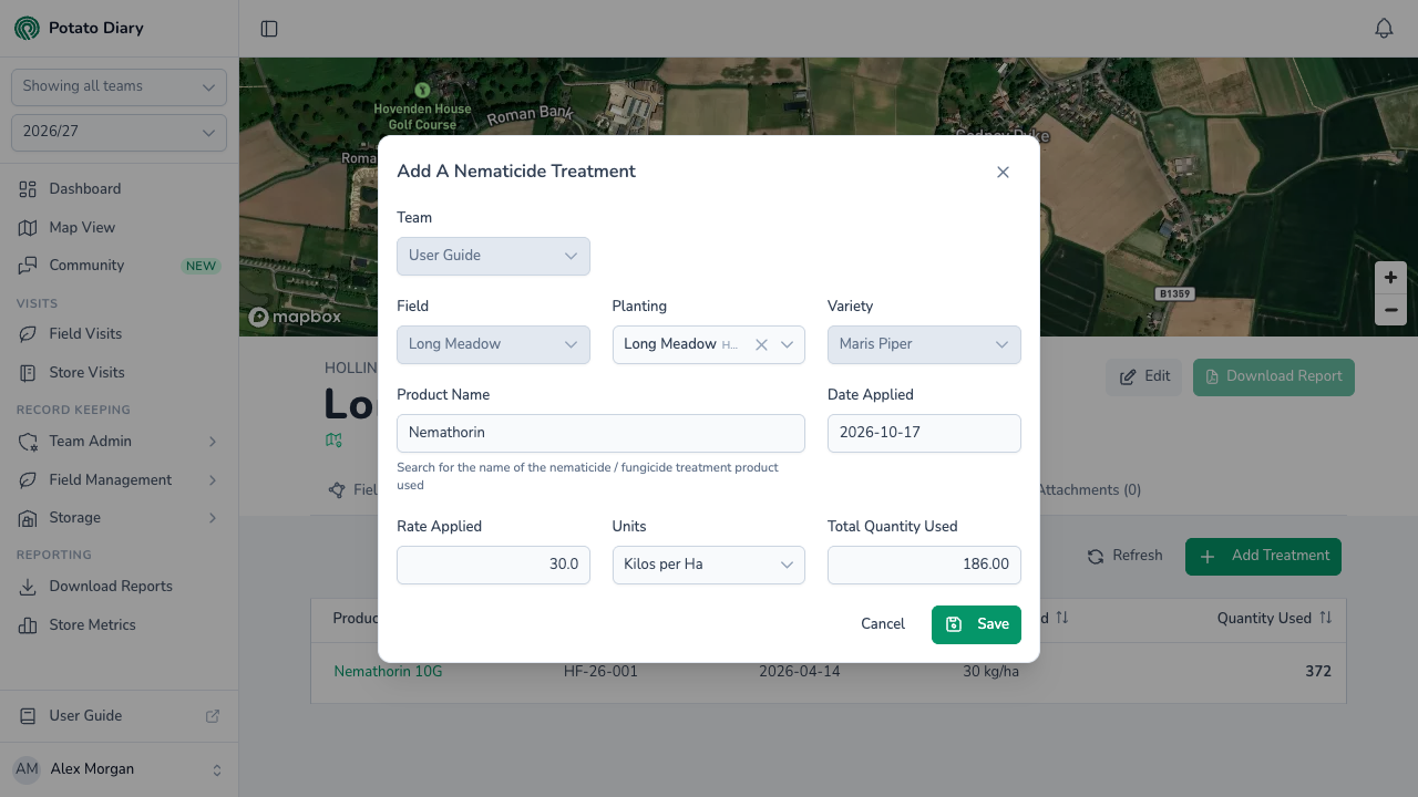 Add A Nematicide Treatment form with planting, Maris Piper variety, Nemathorin product, rate in kilos per ha and total quantity used
