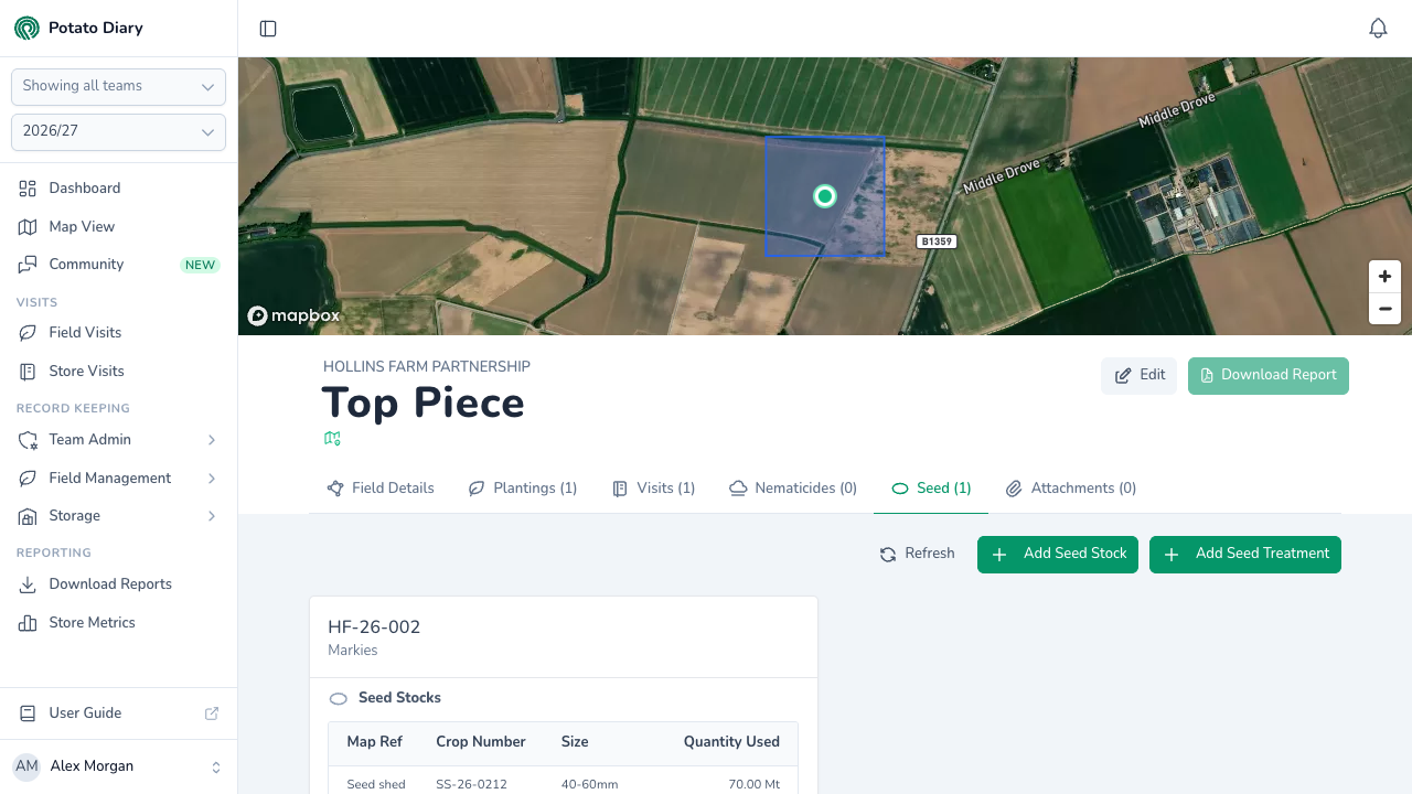 Seed tab on a field in Potato Diary with a Markies planting card listing its seed stock map ref, crop number, size and quantity used