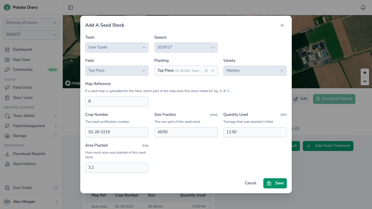 Add A Seed Stock form for a Markies planting with map reference, seed crop number, 45/55 size fraction, quantity used and area planted