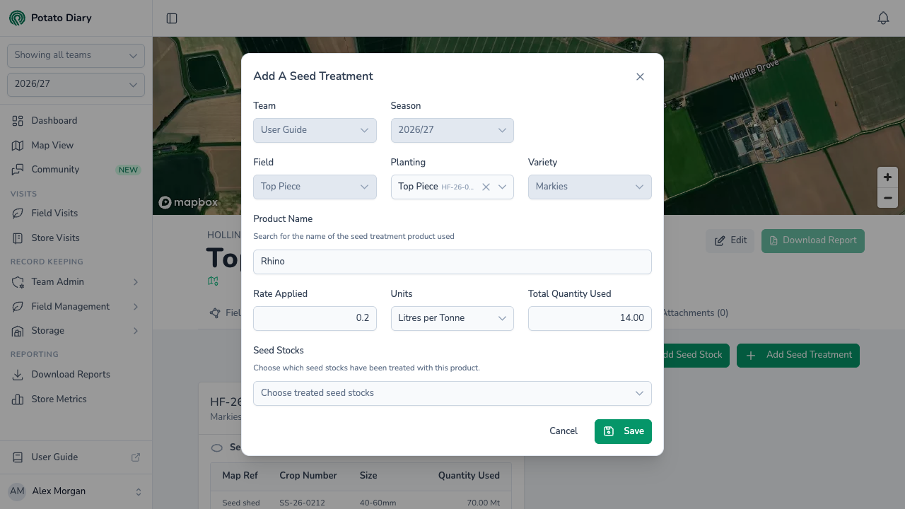 Add A Seed Treatment form with Rhino as the product, rate applied in litres per tonne, total quantity used and treated seed stocks