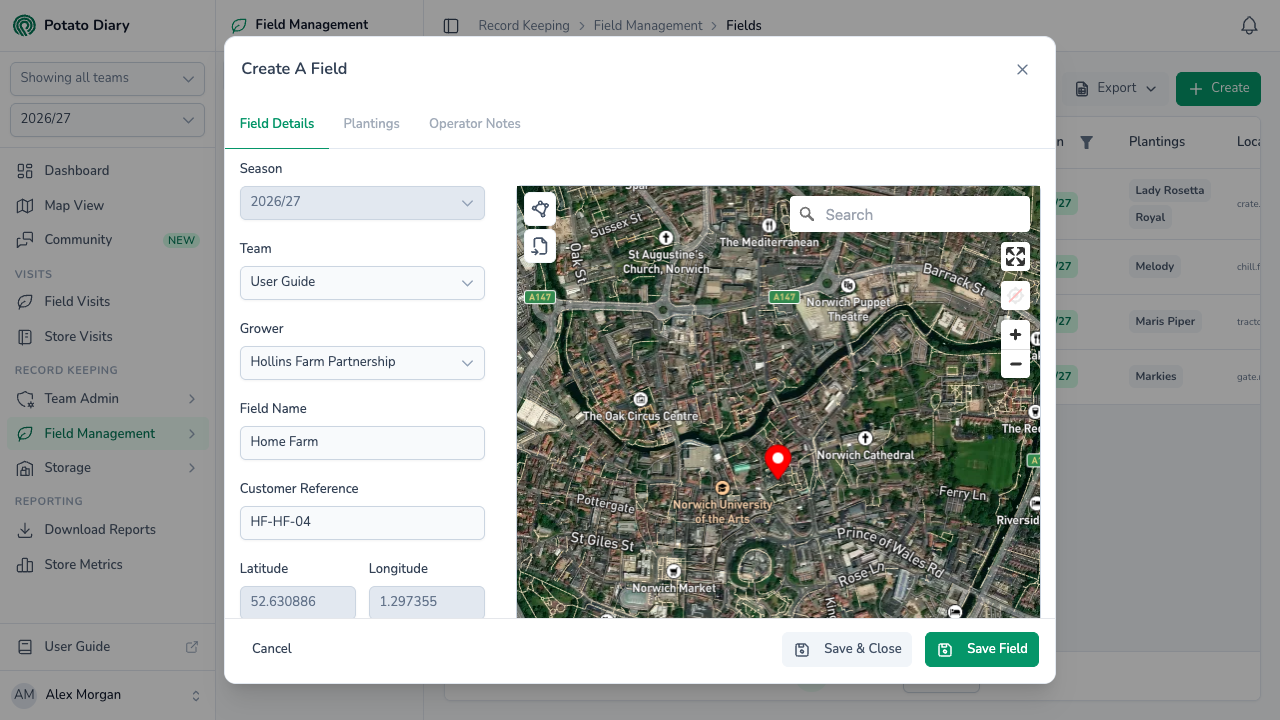 Create A Field form with grower, field name, customer reference and a latitude and longitude set by a pin on a satellite map