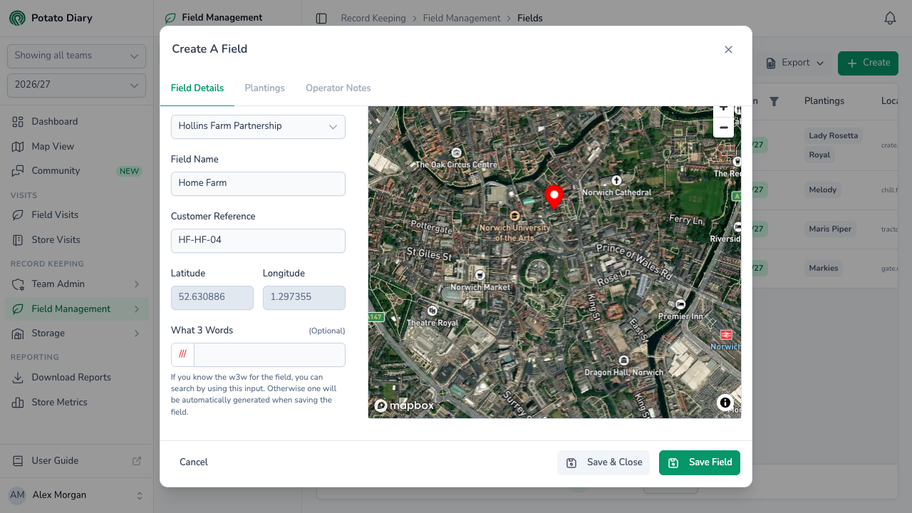 What 3 Words input under the field name, latitude and longitude on the Create A Field form, beside the field location map