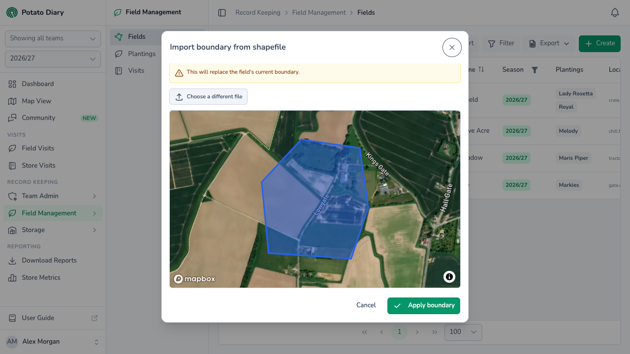 Import boundary from shapefile dialog showing a field boundary over satellite imagery and a warning that it replaces the current one