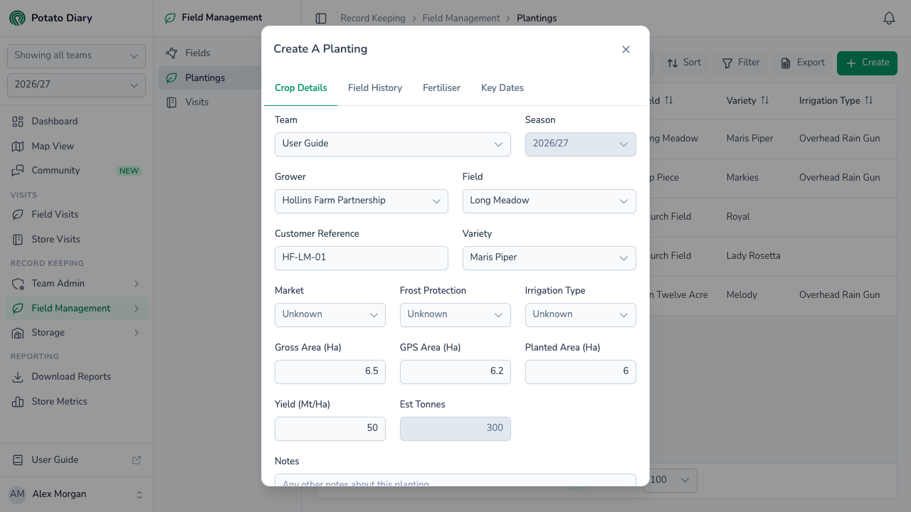 Crop Details tab of the Create A Planting form with field, Maris Piper variety, gross, GPS and planted area, yield and est tonnes