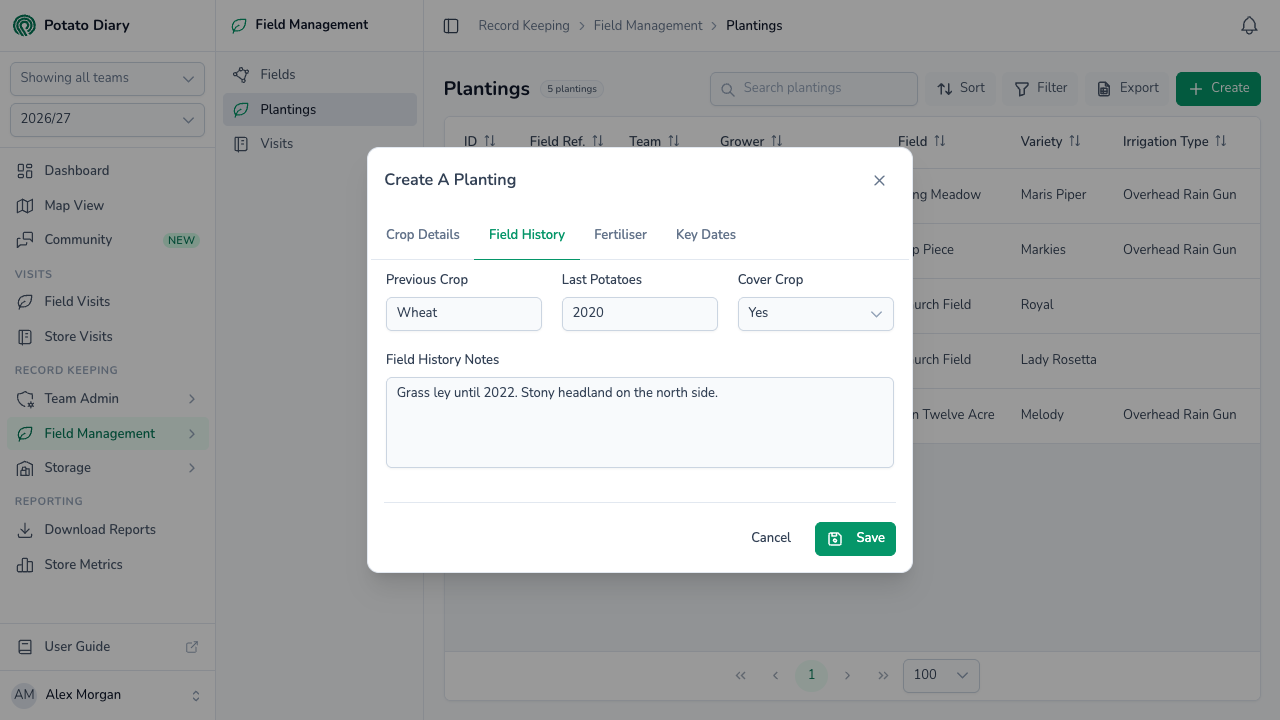 Field History tab on the Create A Planting form with wheat as the previous crop, the year of last potatoes, cover crop and notes
