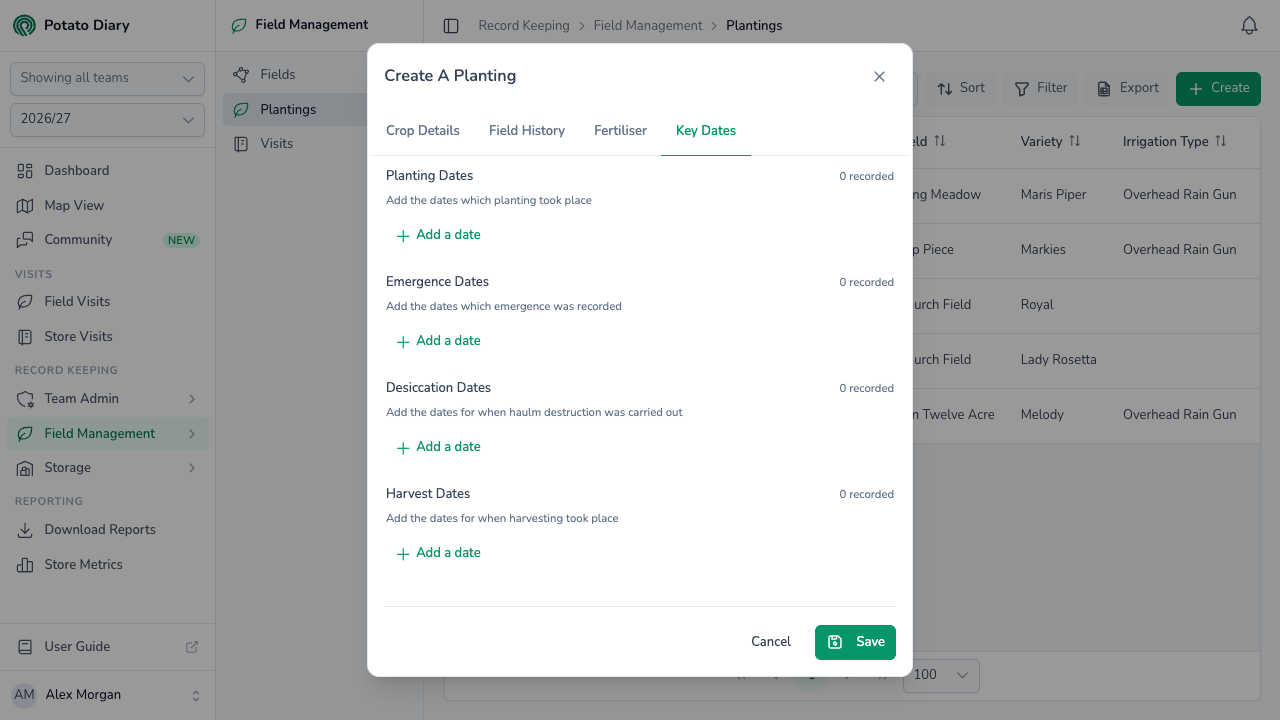 Key Dates tab on the Create A Planting form with empty planting, emergence, desiccation and harvest date sections
