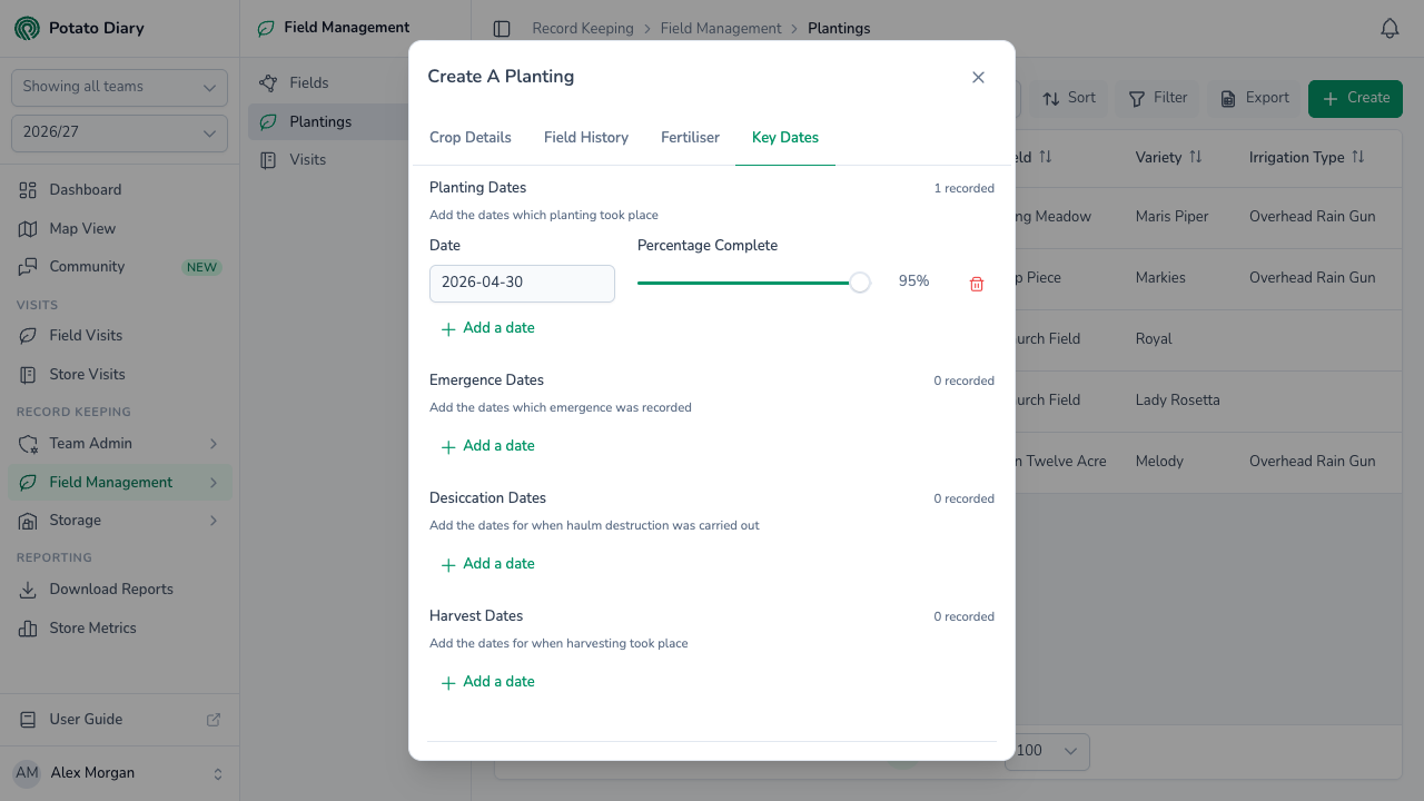 Planting date on the Key Dates tab recorded as 30 April 2026, with the percentage complete slider at 95%