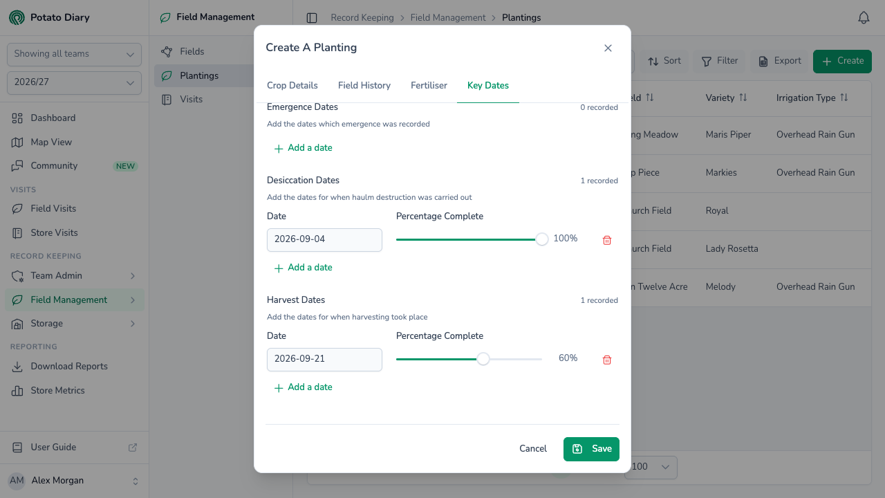 Desiccation date at 100% complete and a harvest date at 60% complete on a potato planting's Key Dates tab