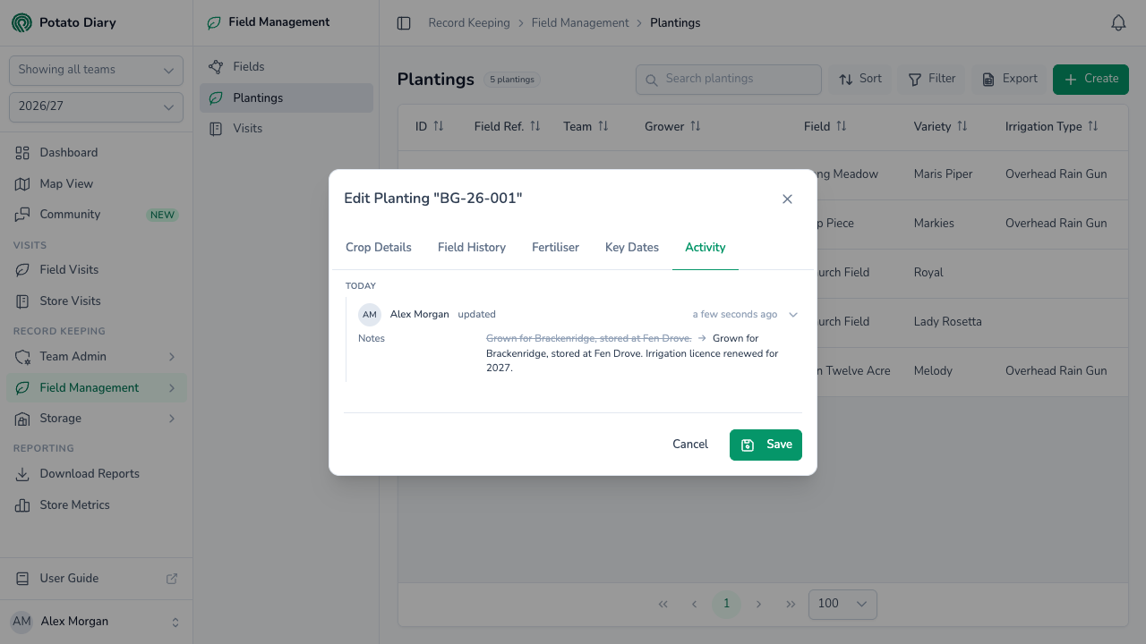 Activity tab on an existing planting showing who changed the planting notes and when, with the old and new values