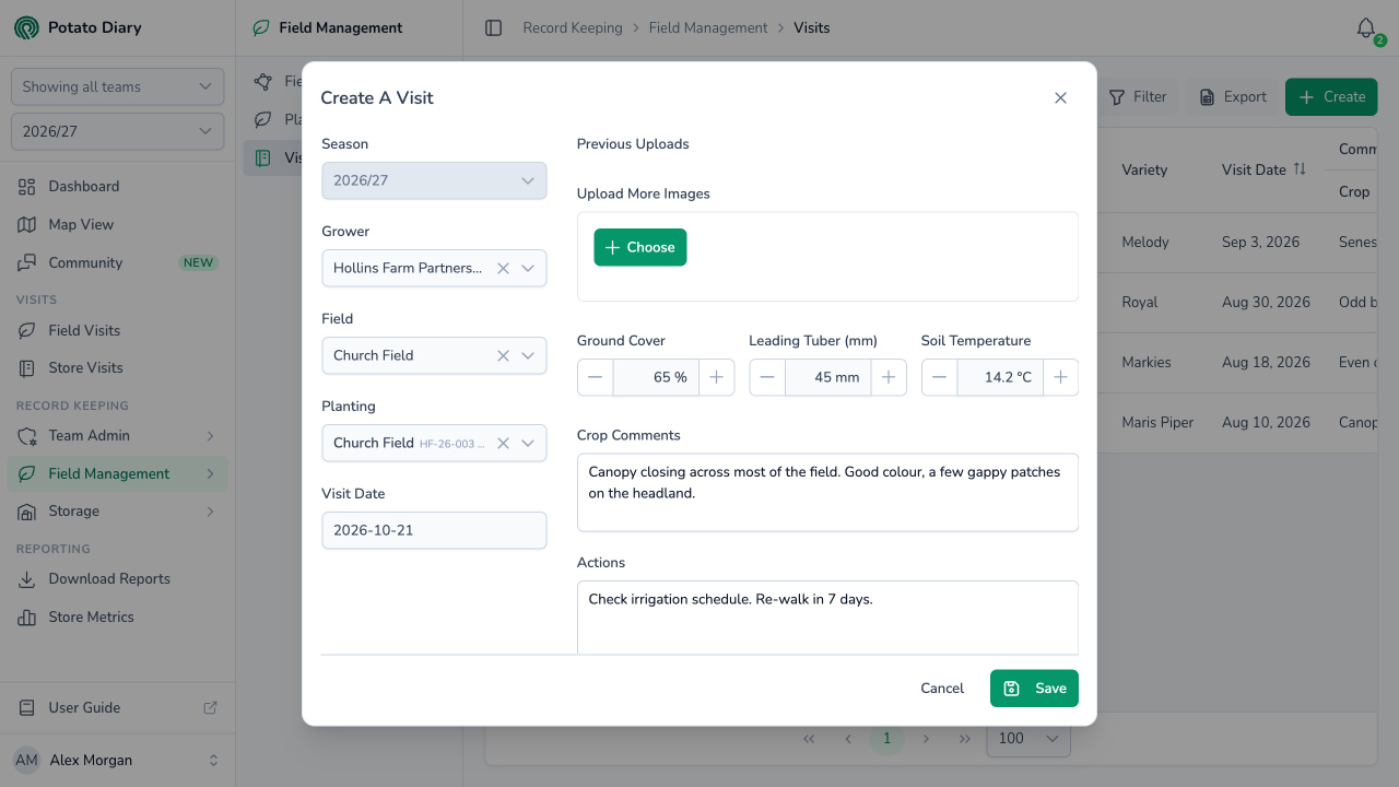 Create A Visit form for a planting with ground cover, leading tuber size and soil temperature readings, crop comments and actions