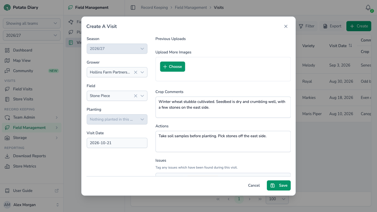 Create A Visit form for a field with nothing planted, without crop measurements, showing photos, crop comments and actions