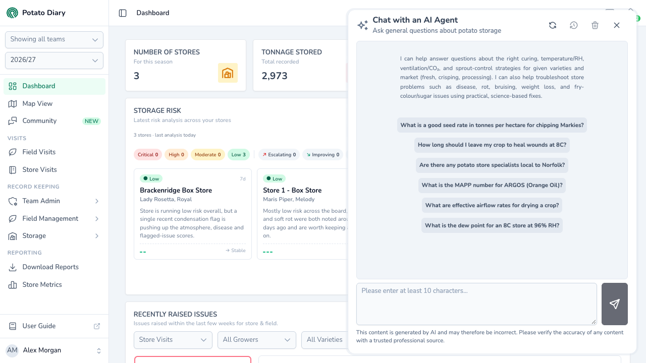 Chat with an AI Agent panel for potato storage questions, with examples on seed rate, wound healing, airflow and dew point