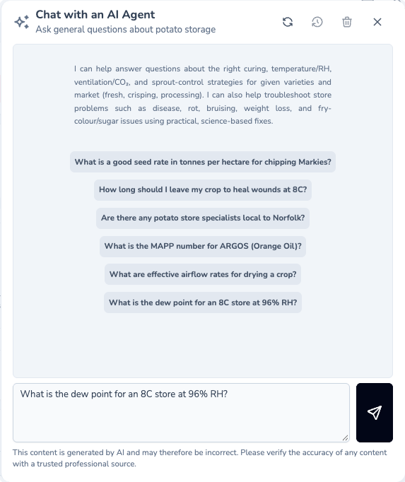 Example question about the dew point for an 8C store at 96% RH copied into the AI chat message box, ready to send