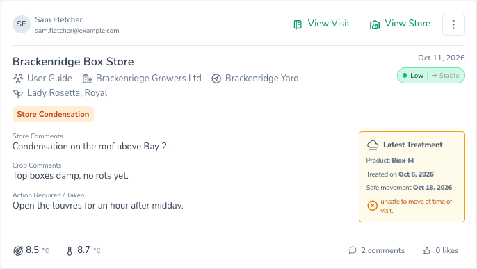 Potato Diary store visit card with a Store Condensation issue, Biox-M latest treatment, 2 comments and a like button