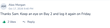 Liked comment on a potato store visit asking to log Bay 2 again on Friday, with a green thumb and 2 likes