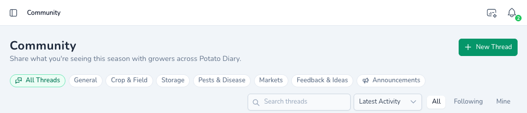 Community forum for potato growers in Potato Diary, with categories such as Crop & Field, Storage, Pests & Disease and Markets