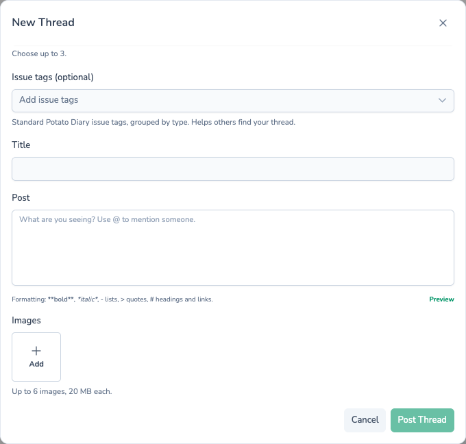 Bottom of the New Thread form with the Images section, allowing up to 6 images of 20 MB each, and the Post Thread button