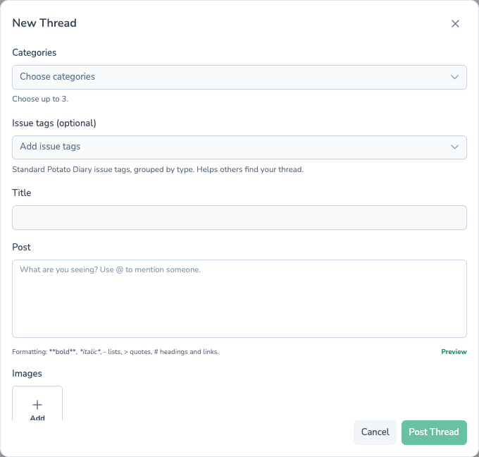 Empty New Thread form on the Community forum with fields for categories, issue tags, title, post and images