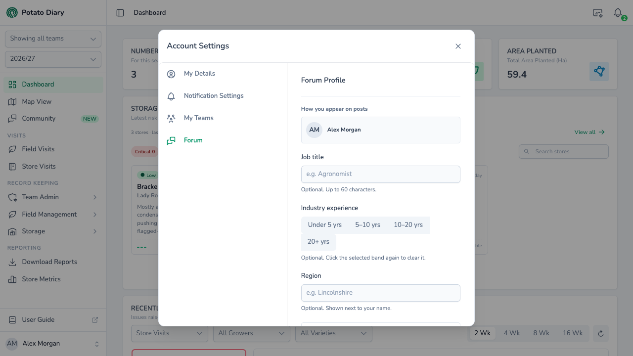 Forum tab in Account Settings with an empty forum profile: job title, industry experience and region
