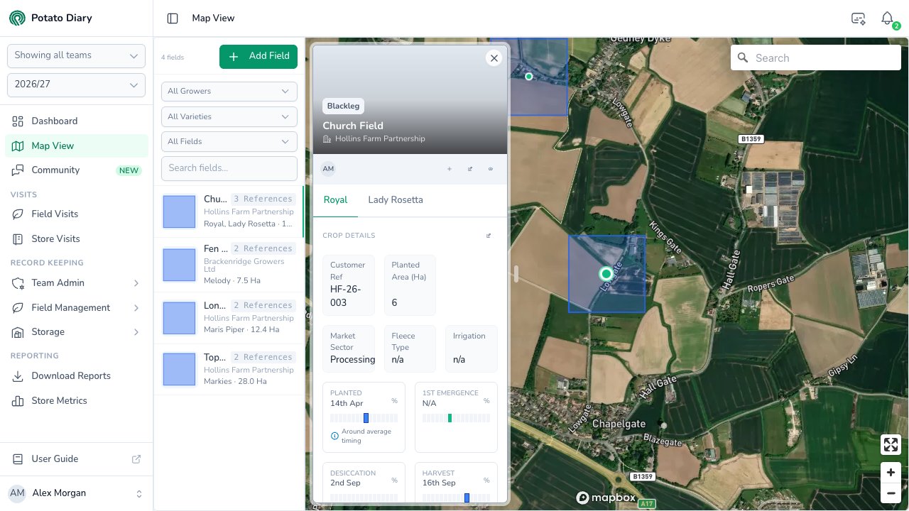 Map View in Potato Diary with potato fields on a satellite map and a field card showing varieties, crop details and key dates
