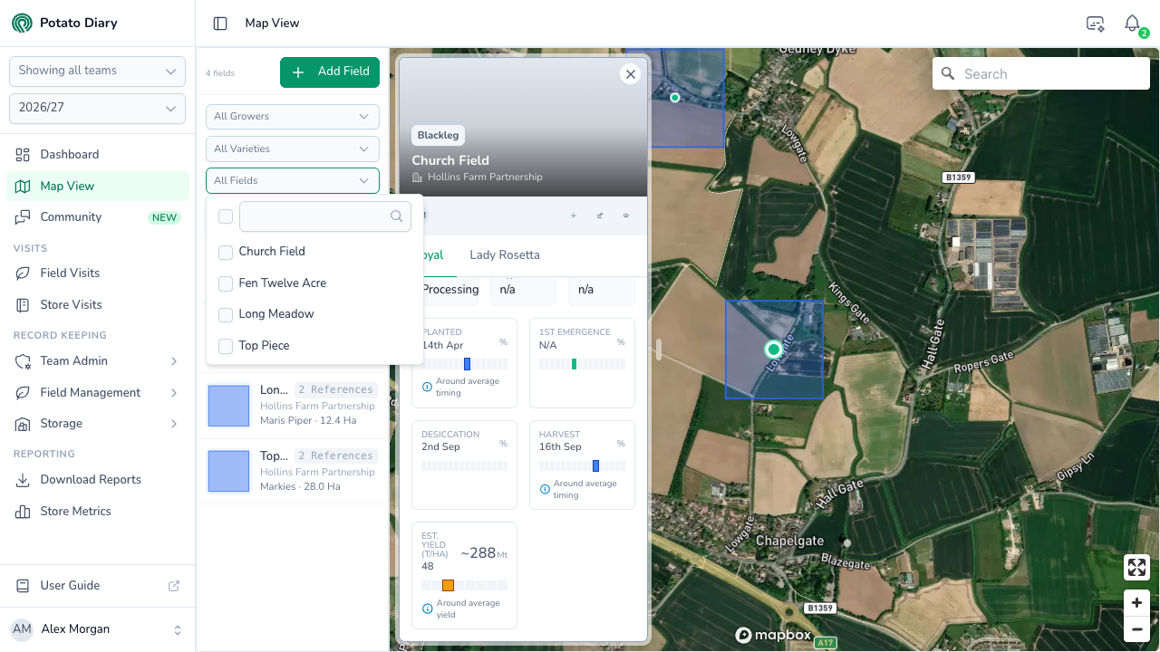 All Fields filter open on Map View, listing fields by name, beside the grower and variety filters