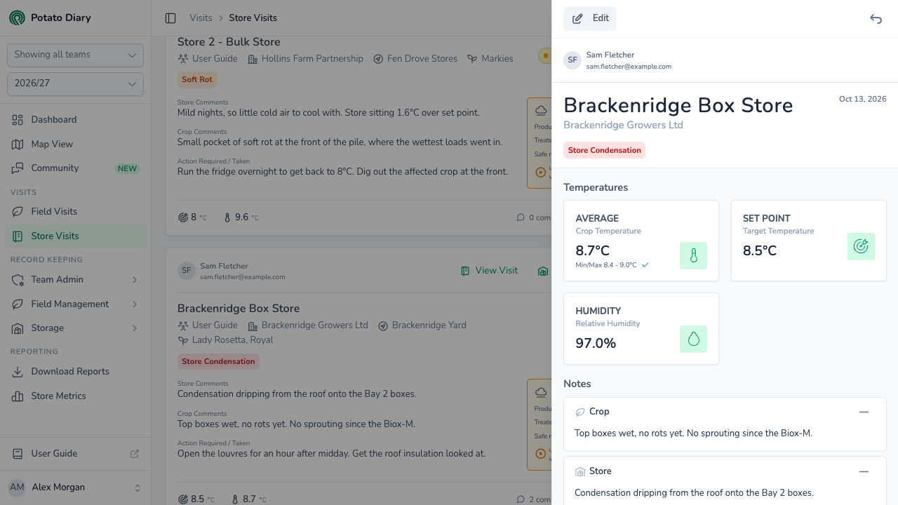 Store visit panel with crop temperature 8.7°C against an 8.5°C set point, 97% relative humidity and crop and store notes