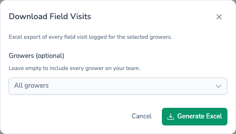 Download Field Visits dialog in Potato Diary for an Excel export of every field visit logged, filtered by grower