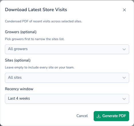 Download Latest Store Visits dialog in Potato Diary with grower and site filters and a recency window of Last 4 weeks