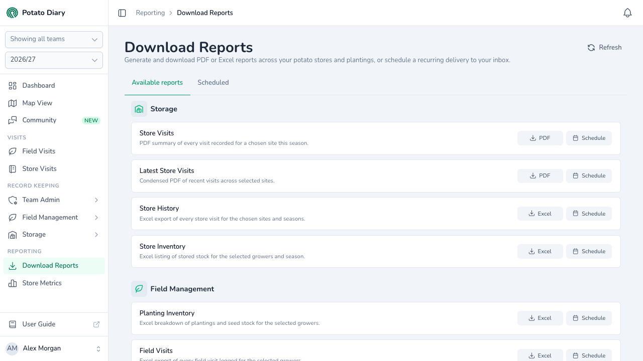 Download Reports page in Potato Diary with PDF and Excel reports for potato store visits, store history, stored stock and plantings