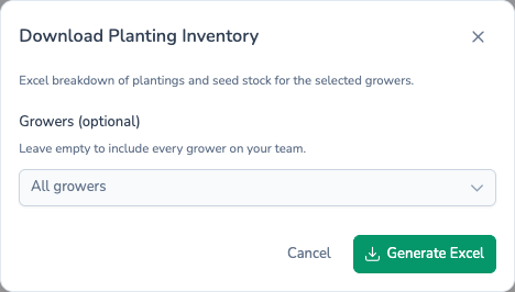 Download Planting Inventory dialog in Potato Diary for an Excel breakdown of plantings and seed stock, filtered by grower