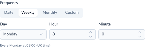 Weekly report frequency with Day, Hour and Minute fields, set to every Monday at 08:00 UK time