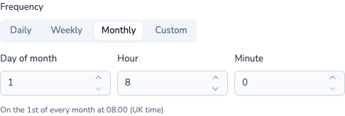 Monthly report frequency with Day of month, Hour and Minute fields, set to the 1st of every month at 08:00