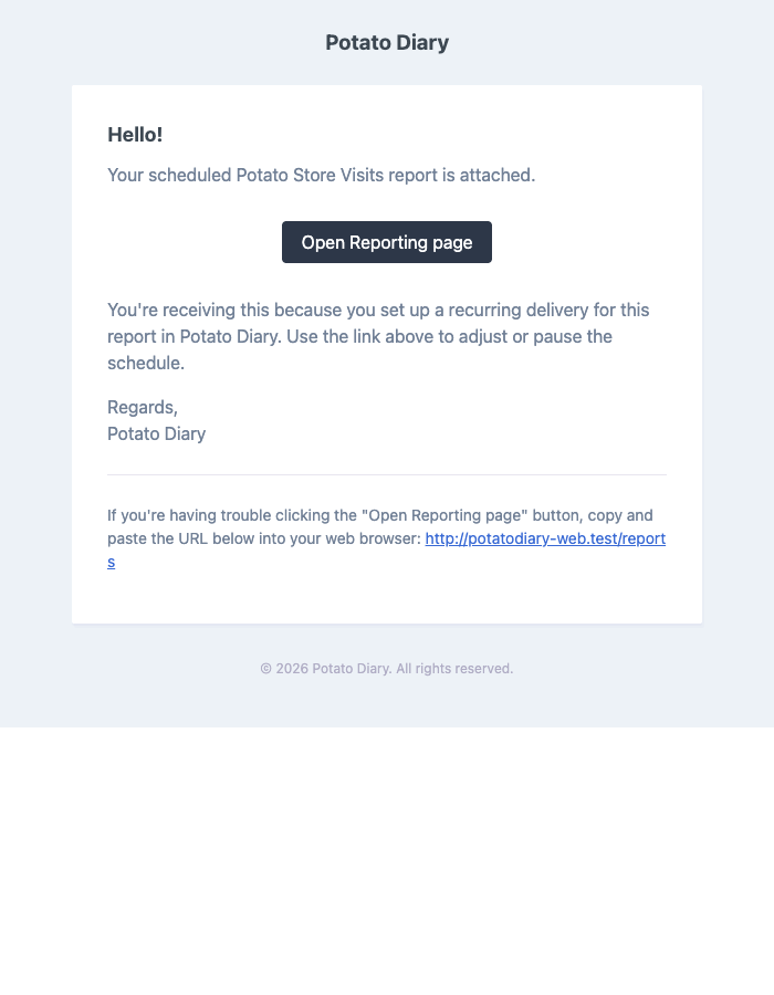 Scheduled report email with the Potato Store Visits report attached and an Open Reporting page button