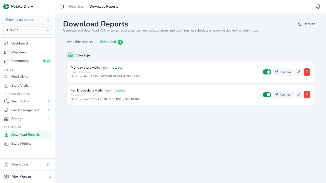 Scheduled tab listing two store visits report schedules under Storage, each with PDF format, season 2026/27 and next run time