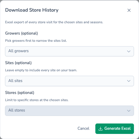 Download Store History dialog in Potato Diary with grower, site and potato store filters for an Excel export of store visits
