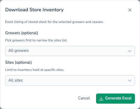 Download Store Inventory dialog in Potato Diary for an Excel listing of stock held in store, filtered by grower and site