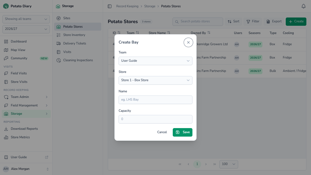 Create Bay form for a potato box store with team, store, bay name and capacity fields
