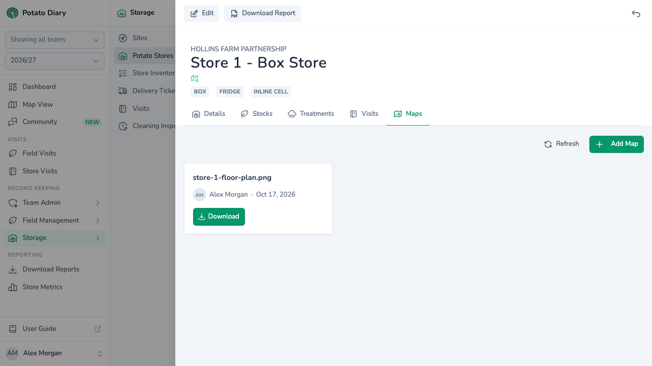 Maps tab in Potato Diary for a box potato store with an uploaded floor plan file, who uploaded it and a Download button